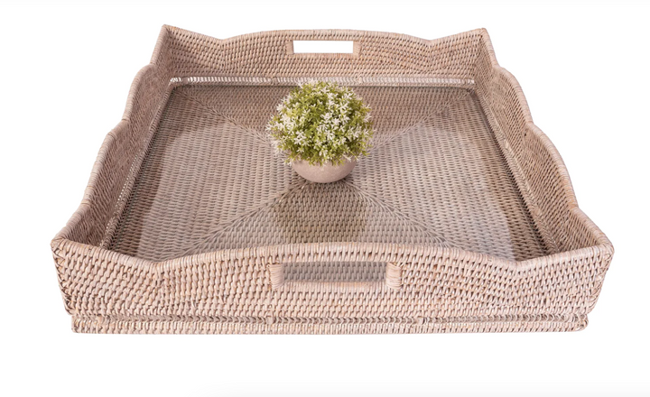 Scalloped Rattan Square Tray, 20 x 20 (Optional Glass Insert)