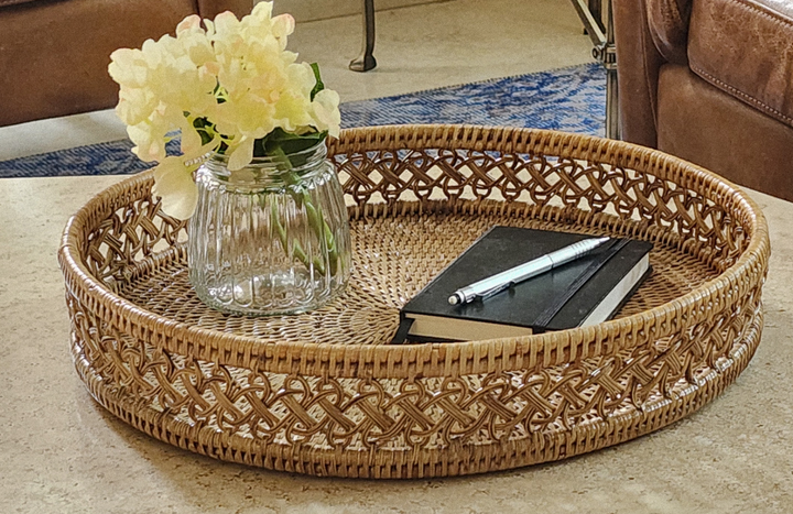 Rattan Tray Round Tray w/side detail  and glass insert Artifacts