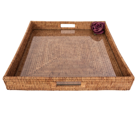 Square Rattan Tray with Cutout Handles (Glass Inserts)