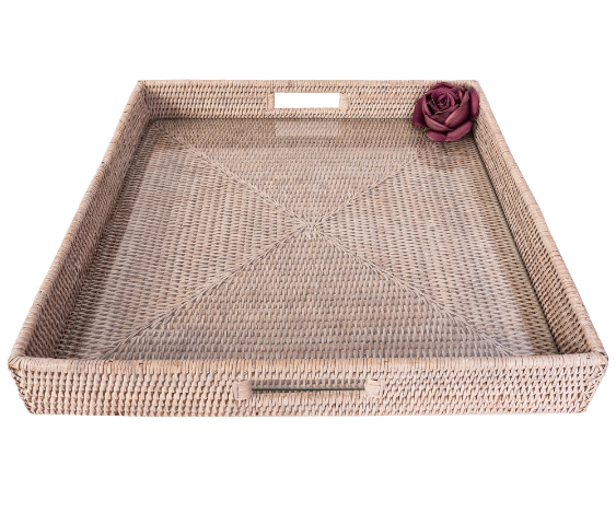 Square Rattan Tray with Cutout Handles (Glass Inserts)