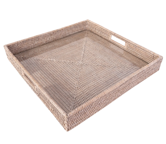 Square Rattan Tray with Cutout Handles (Glass Inserts)