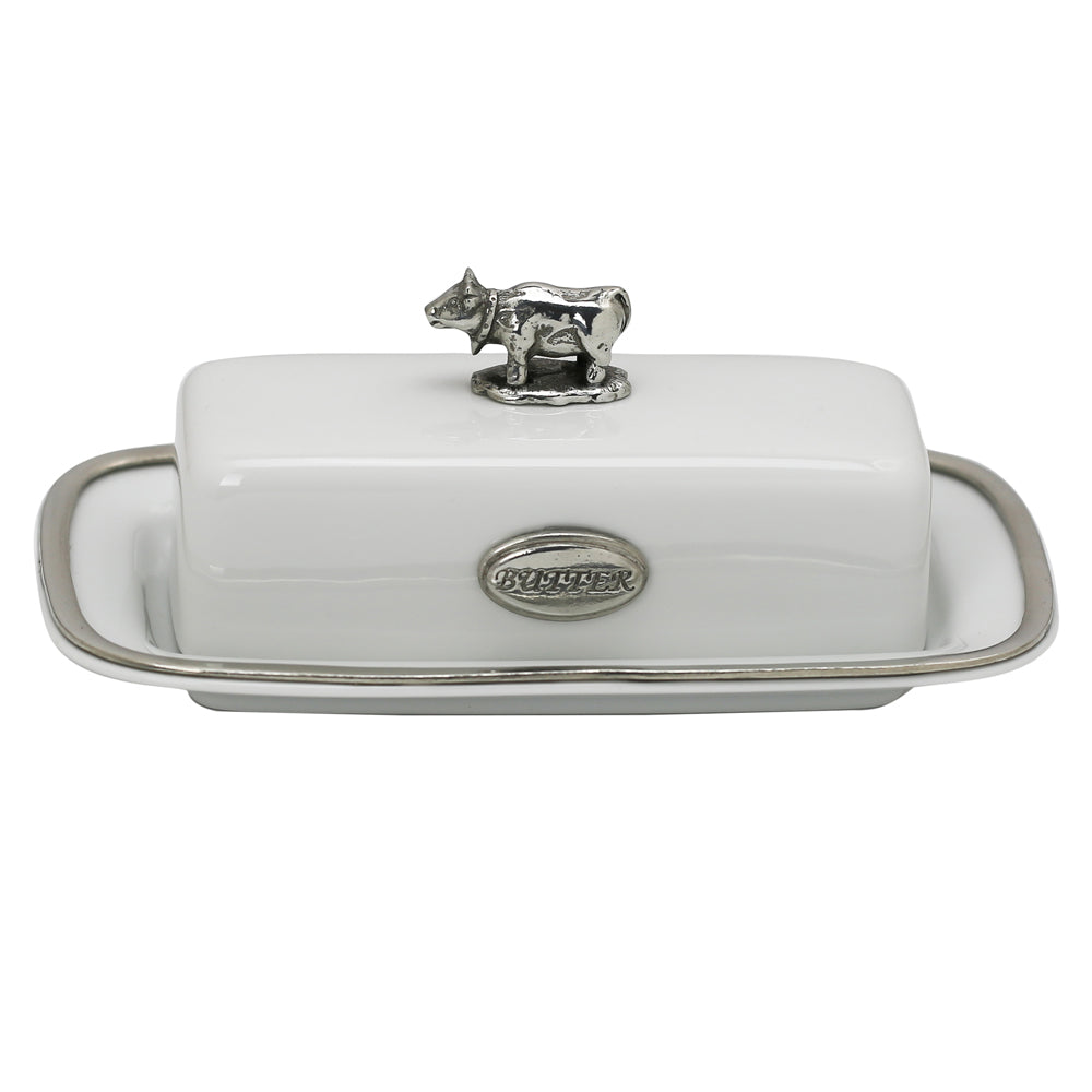 Porcelain and Pewter Covered Butter Dish with Cow