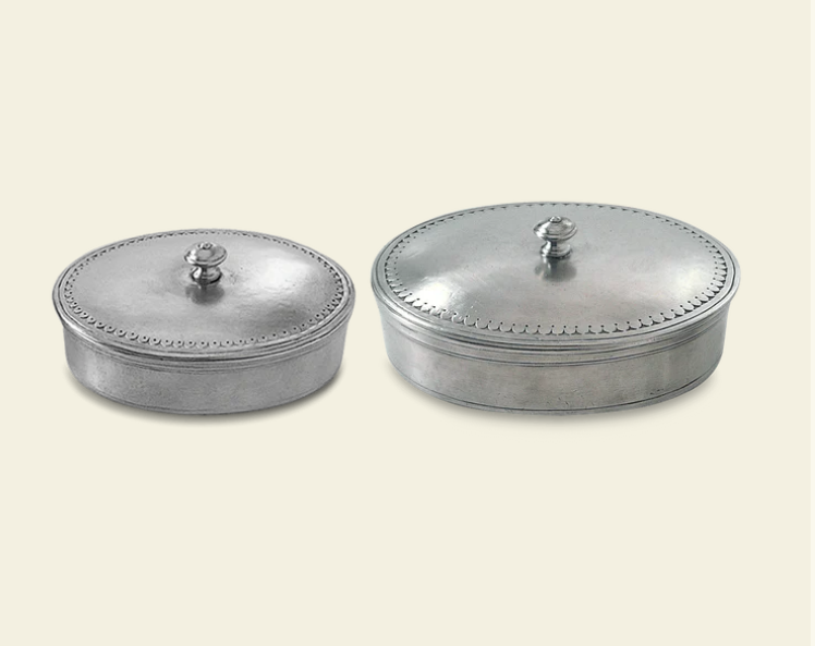 明治生命50周年記念菓子入れVintage Japanese pewter Oval Lidded Box by Match Pewter | Signature Gifts Inc.
