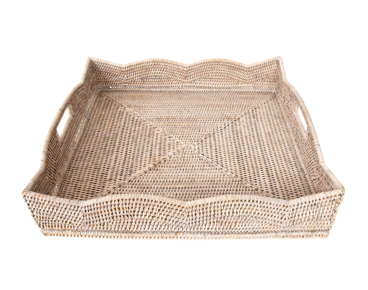Scalloped Rattan Square Tray, 20 x 20 (Optional Glass Insert)