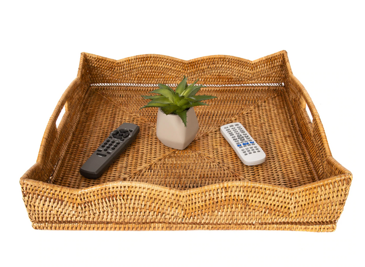 Scalloped Rattan Square Tray, 20 x 20 (Optional Glass Insert)