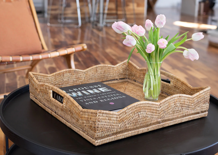 Scalloped Rattan Square Tray, 20 x 20 (Optional Glass Insert)