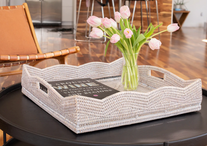 Scalloped Rattan Square Tray, 20 x 20 (Optional Glass Insert)