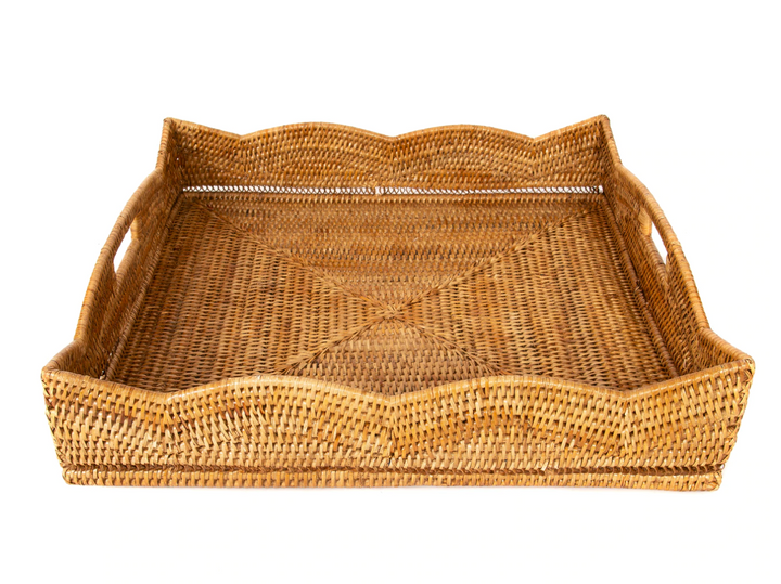 Scalloped Rattan Square Tray, Large 24 x 24