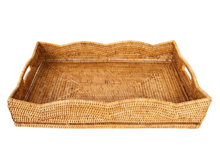 Rattan Scalloped Rectangular Tray