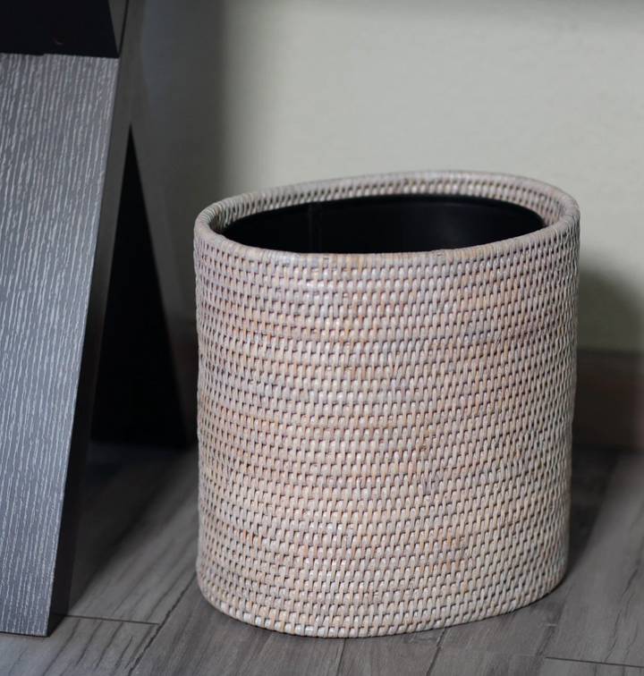 Oval Rattan Wastebasket with Metal Liner