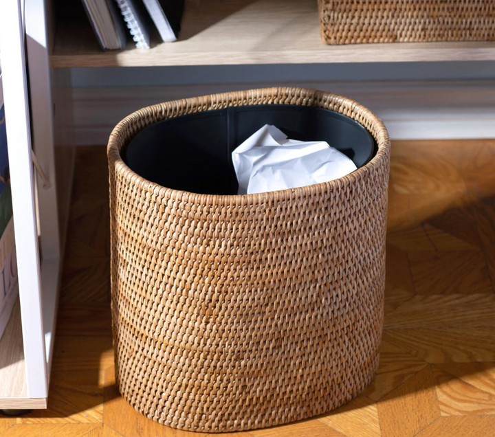 Oval Rattan Wastebasket with Metal Liner