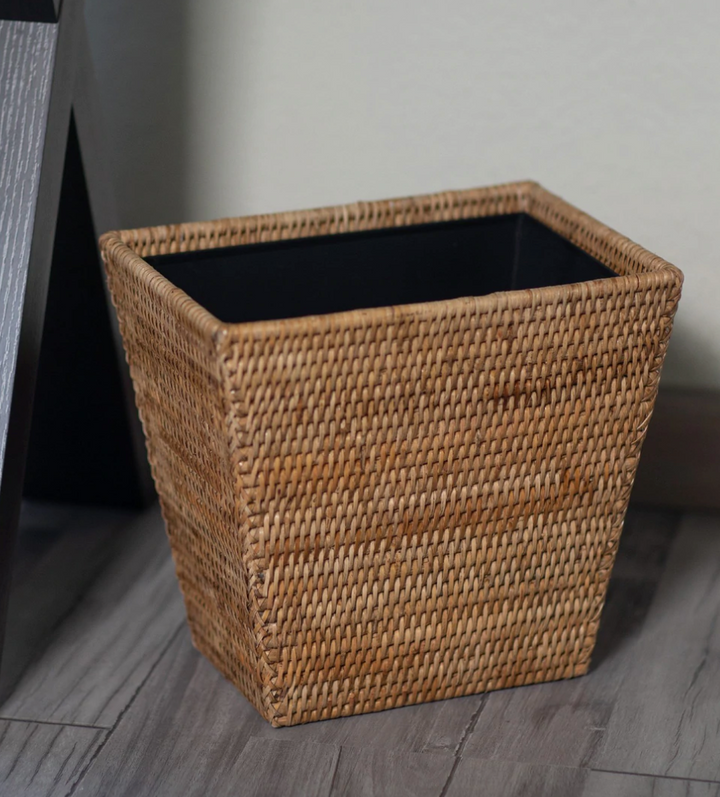 Rectangular Tapered Rattan Wastebasket with Metal Liner