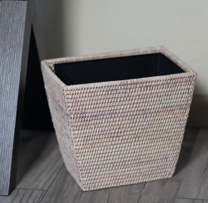 Rectangular Tapered Rattan Wastebasket with Metal Liner