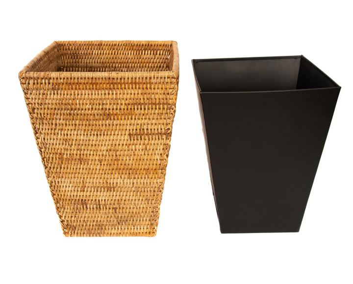 Square Tapered Rattan Wastebasket with Metal Liner