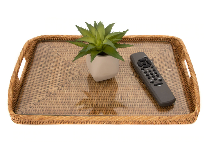 Rectangular Rattan Tray with Glass Insert (3 Sizes)