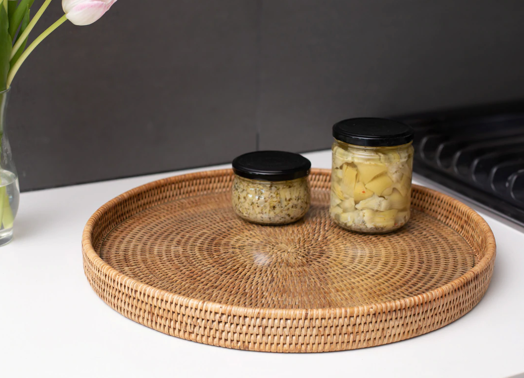 Round Rattan Tray with Glass Insert (2 Sizes)