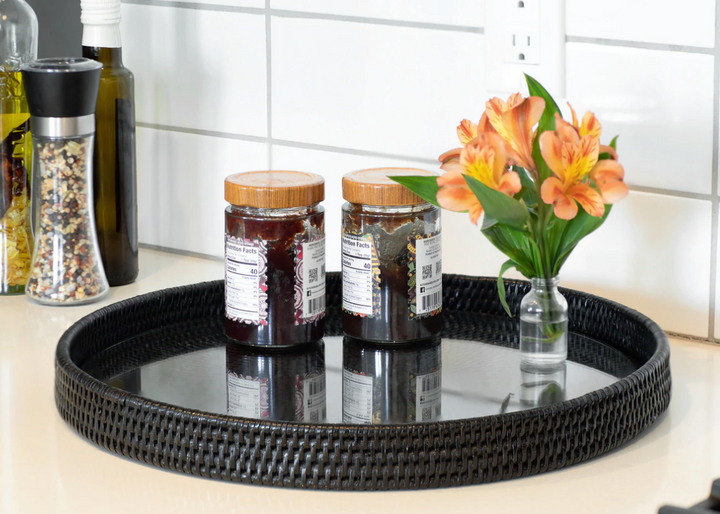 Round Rattan Tray with Glass Insert (2 Sizes)