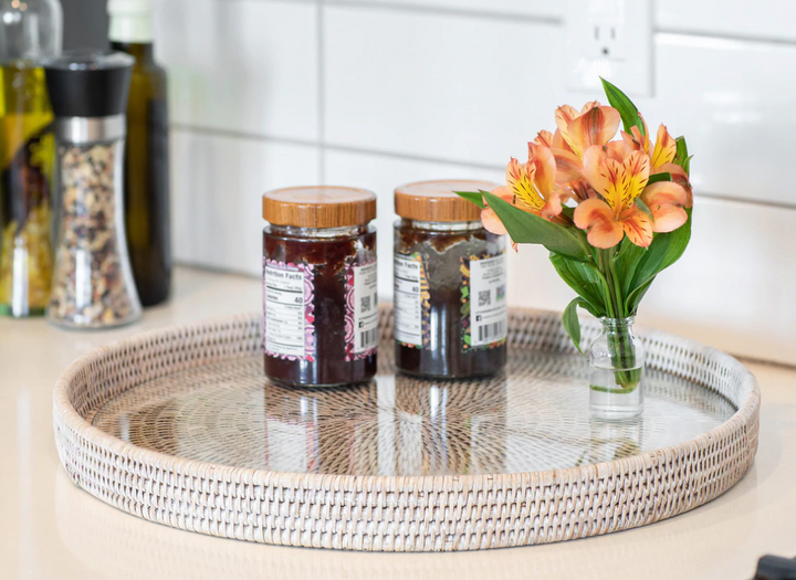 Round Rattan Tray with Glass Insert (2 Sizes)