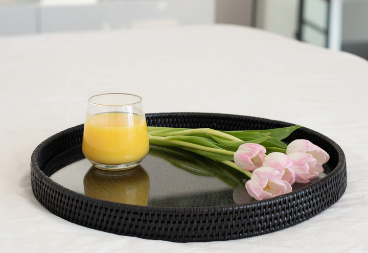 Round Rattan Tray with Glass Insert (2 Sizes)