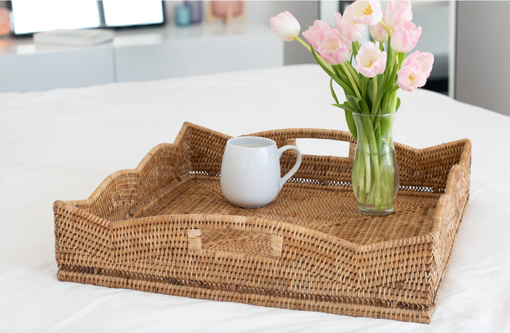 Scalloped Rattan Square Tray, Large 24 x 24