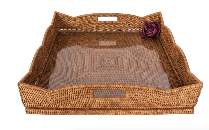 Scalloped Rattan Square Tray  - 20 x 20 w optional Glass insert