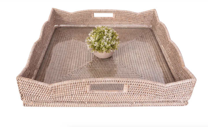 Scalloped Rattan Square Tray  - 20 x 20 w optional Glass insert