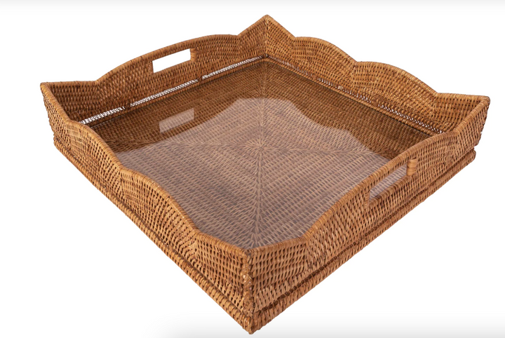 Scalloped Rattan Square Tray  - 20 x 20 w optional Glass insert