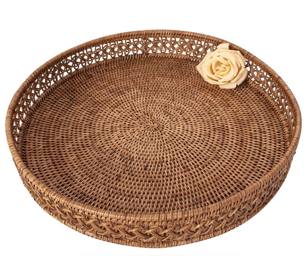 Rattan Tray Round Tray w/side detail  and glass insert