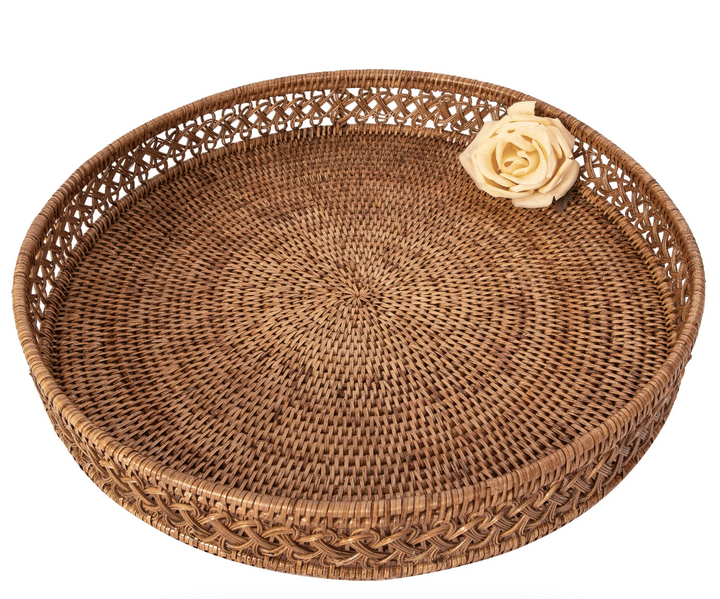 Rattan Tray Round Tray w/side detail  and glass insert