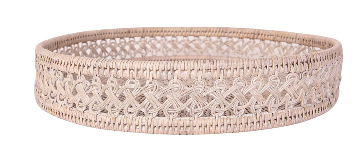Rattan Tray Round Tray w/side detail  and glass insert