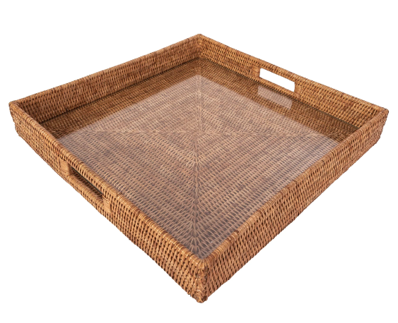 Square Rattan Tray with Cutout Handles (Glass Inserts)