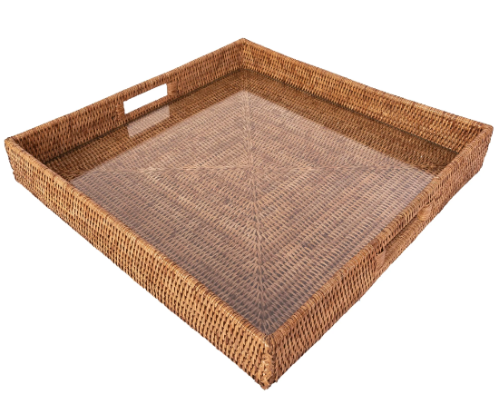 Square Rattan Tray with Cutout Handles (Glass Inserts)