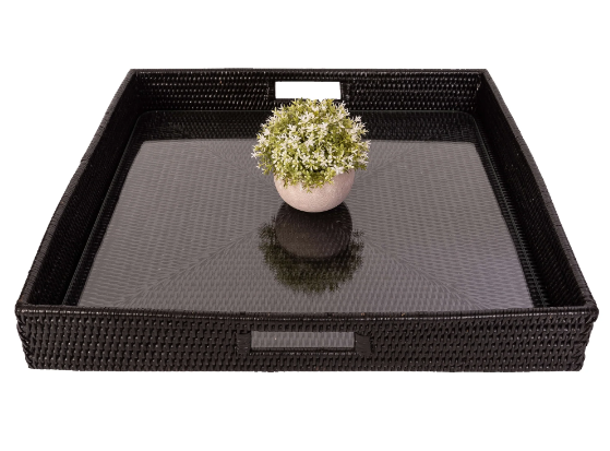 Square Rattan Tray with Cutout Handles (Glass Inserts)