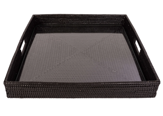 Square Rattan Tray with Cutout Handles (Glass Inserts)