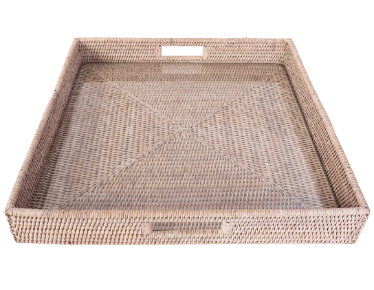 Square Rattan Tray with Cutout Handles (Glass Inserts)