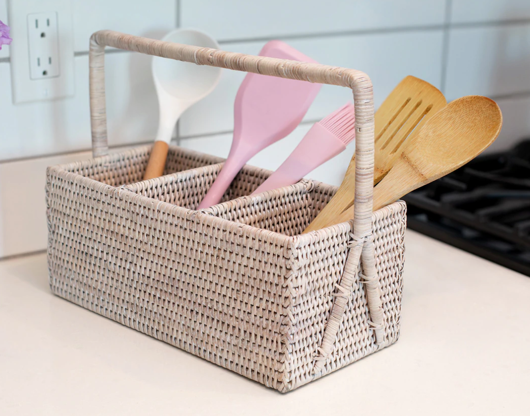 Three-Section Rattan Cutlery Holder/ Caddy