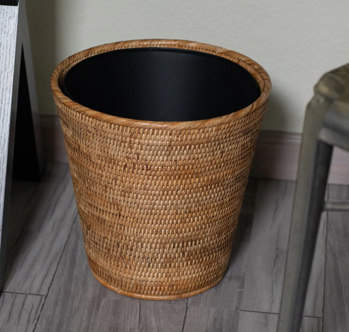 Round Tapered Rattan Wastebasket with Metal Liner