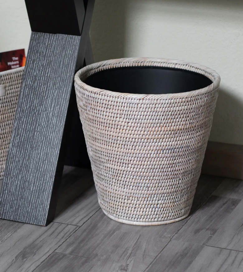 Round Tapered Rattan Wastebasket with Metal Liner