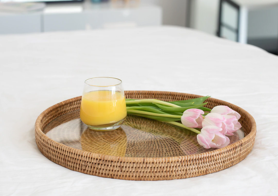 Round Rattan Tray with Glass Insert (2 Sizes)