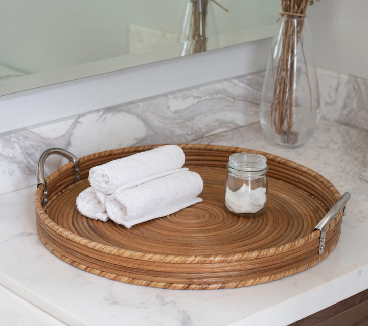 Round Rattan Tray with Stainless Steel Handles (3 Sizes)