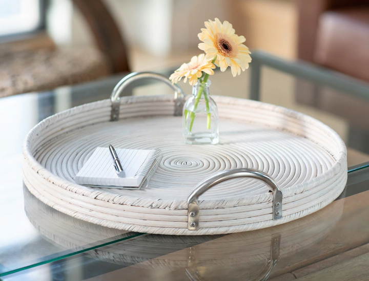 Round Rattan Tray with Stainless Steel Handles (3 Sizes)