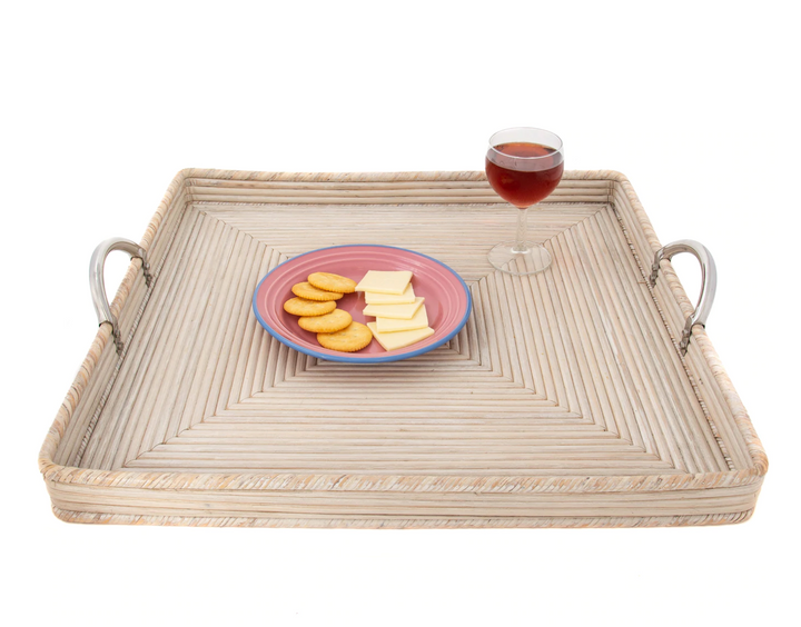 Square Rattan Tray with Stainless Steel Handles (3 Sizes)