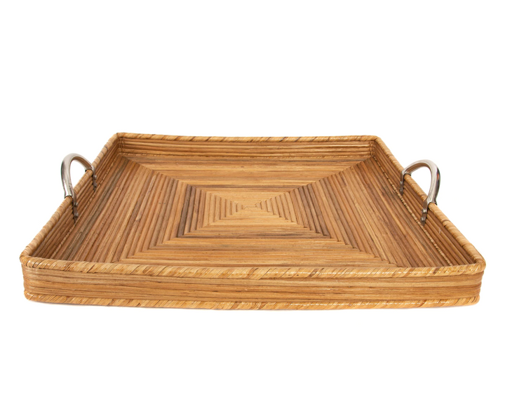 Square Rattan Tray with Stainless Steel Handles (3 Sizes)