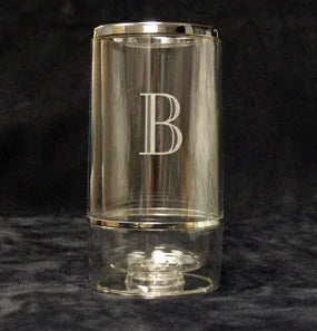 Clear glass wine cooler with engraved monogram letter B, silver trim, on black background